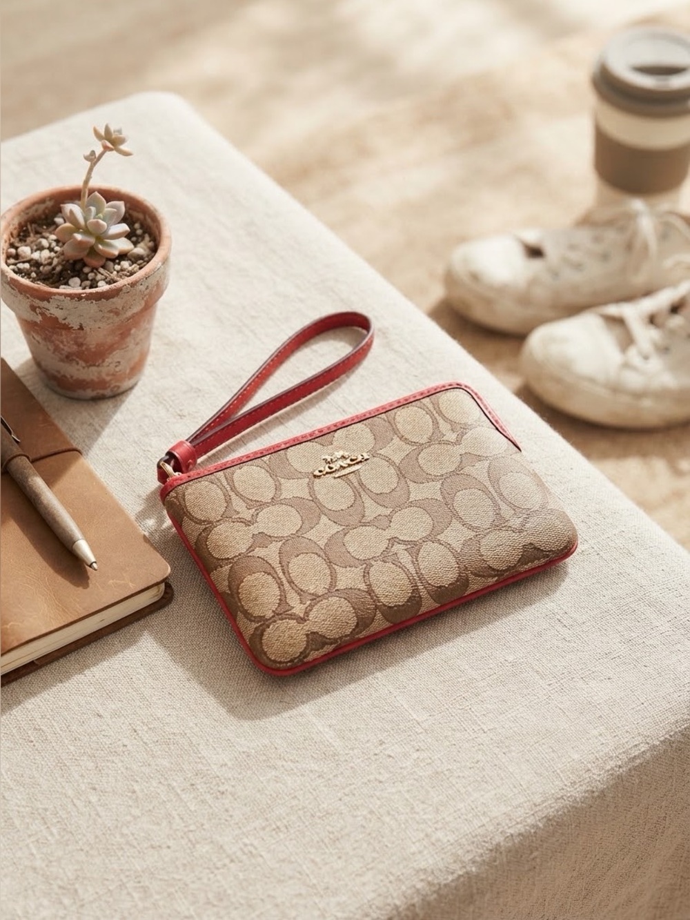 Coach F58033 Signature Canvas L-Zip Wristlet – Khaki/Brown with Red Leather Trim